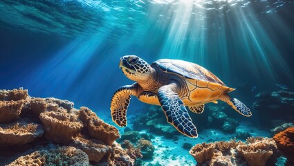 Stunning Underwater Scene with Sea Turtle Gliding Over Coral Reef in the Ocean