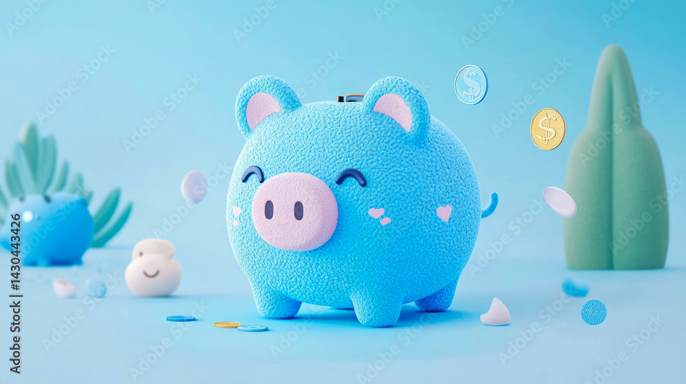 Aufkleber concept: saving for the future; piggy bank with floating coins