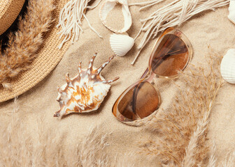 Sunglasses, seashells,  pampas grass and rattan hat on sandy beach, top view