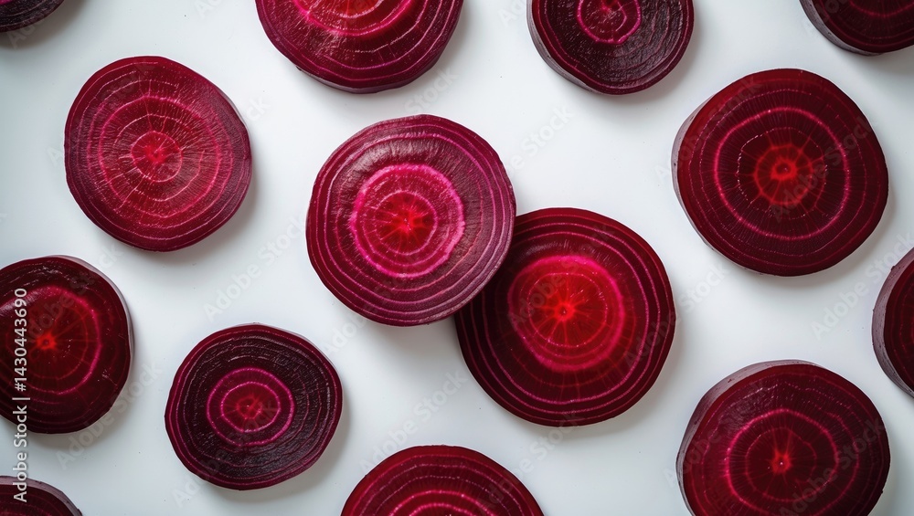 Poster beetroot slices isolated on a white background with full depth of field, top view and copy space for