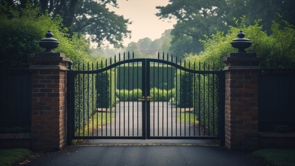 Black metal driveway gates embedded in fence with garden shrubs and trees in background