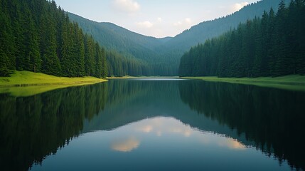 Naklejka premium Serene mountain lake reflecting a tranquil forest