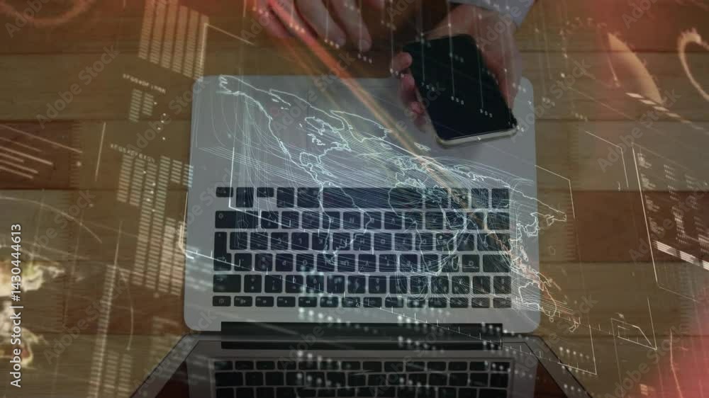 Poster streaming holographic world map and data over laptop keyboard while smartphone hovering above desk