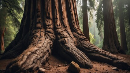 Close-up of a towering redwood tree trunk with textured bark in the lush ancient forest
