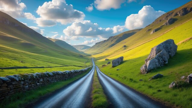 The single-track road winding through the mountain pass in rural Ireland