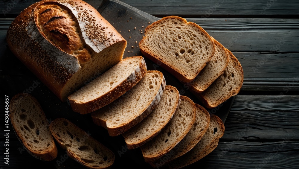 Poster close-up of sliced multigrain bread on rustic wooden board