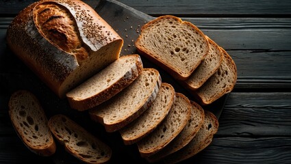 Close-up of sliced multigrain bread on rustic wooden board