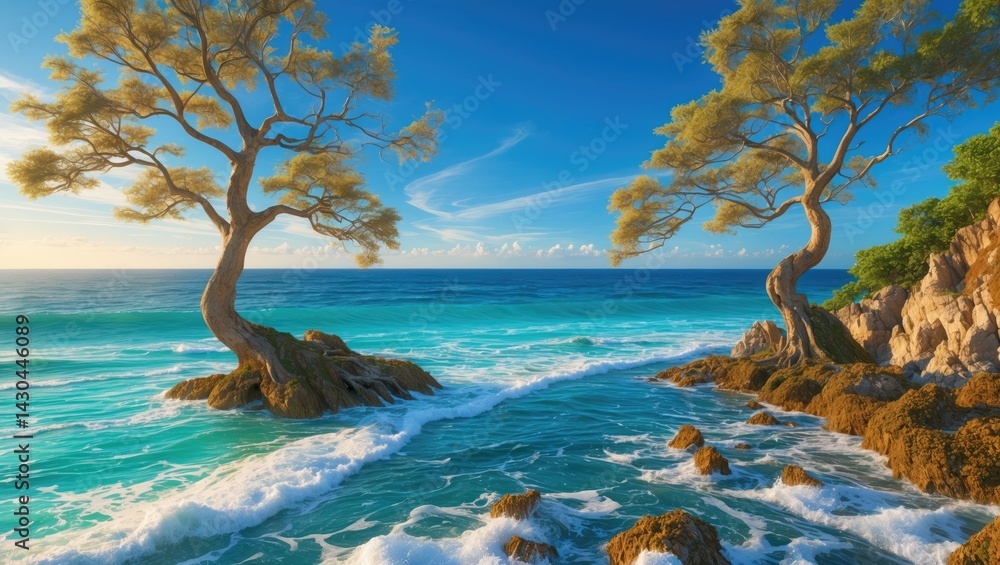 Poster two trees by the seaside with ocean waves on a windy day