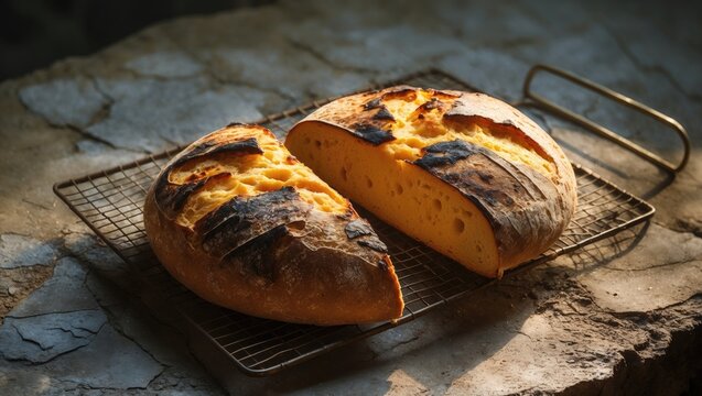 Traditional Chilean marraqueta toasted on a bread toaster with a rustic stone background, top view.