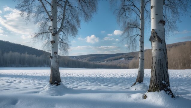 Three birch trees amid snow-covered meadow with forest in the background