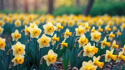 Fototapeta premium Bright yellow wild daffodils blooming in gardens and woodlands