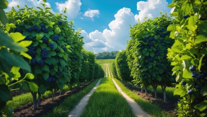 Naklejka premium Lush green blueberry bushes growing in rows on a sunny farm field with vibrant blue berries ready for harvest