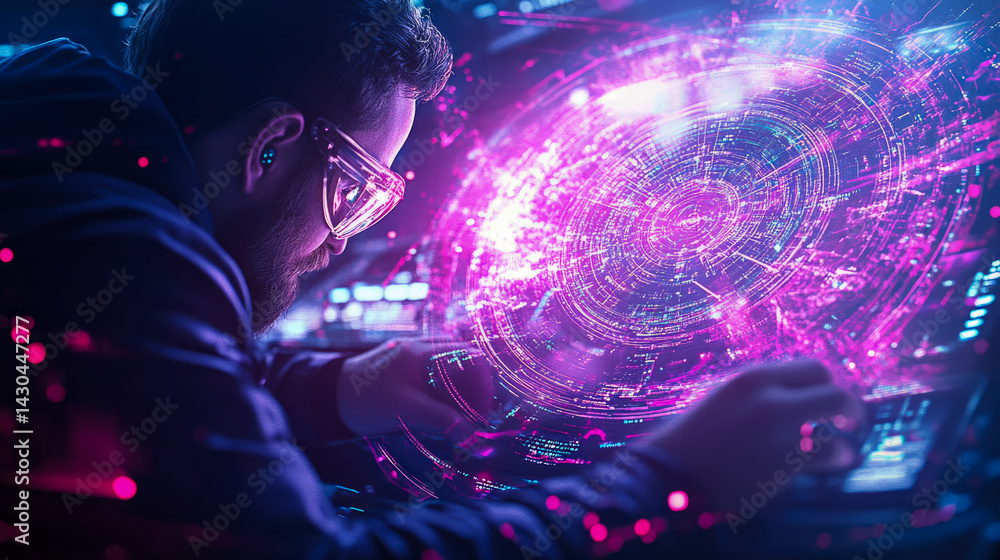 Poster data analysis: a man intensely reviews glowing data visualization in a high-tech setting, illuminate