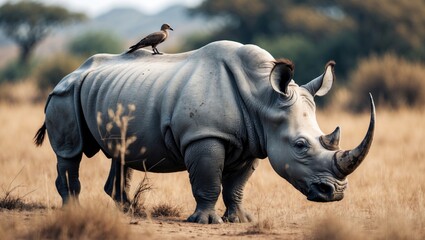Obraz premium Side view of a large white rhinoceros with oxpecker on its horn in dry African plains