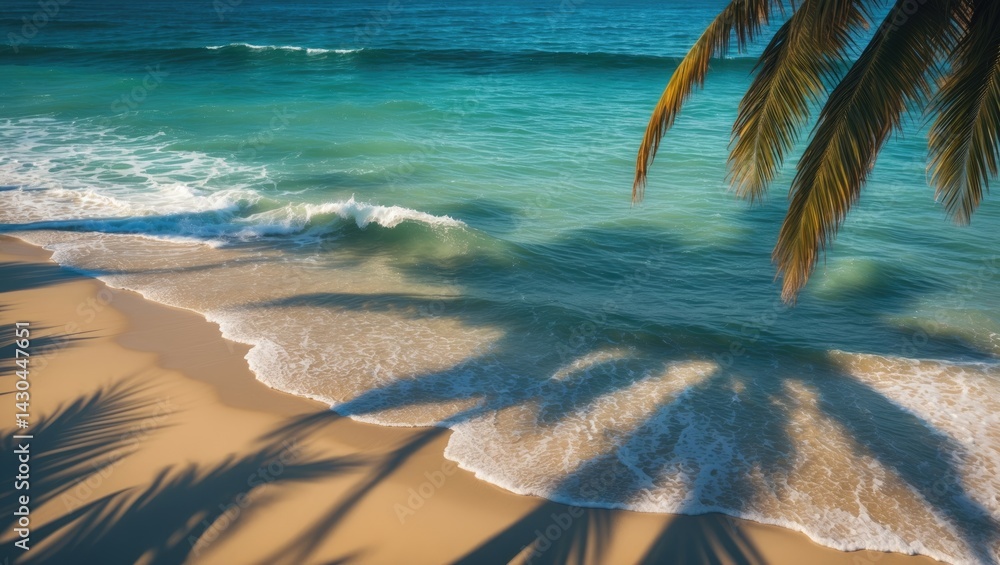 Poster beach scene with palm trees and ocean waves in a tropical setting - perfect for travel and vacation 