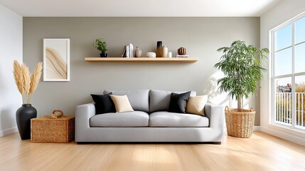 Fototapeta premium Exploring Minimalist Nordic and Bohemian Style Living Room Designs with Cozy Plants and Pastel Tones
