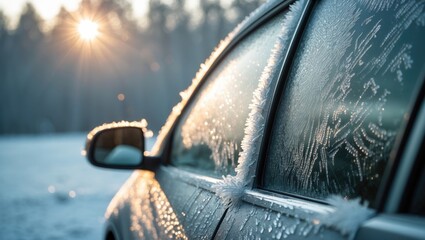 Car window coated with frost and illuminated by sun flare reflections