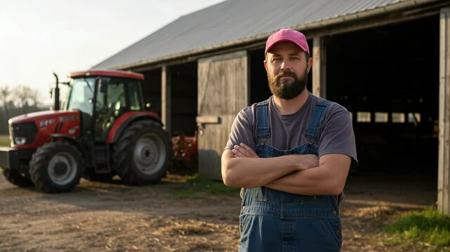 A farmer stands with arms crossed in front of a barn with a tractor in the background on a farm
