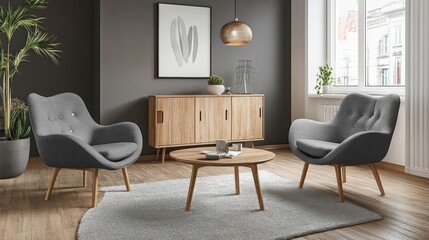 Modern grey armchairs and coffee table in a living room.