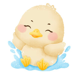Cute little goose playing in water puddle hand drawn clipart with transparent background. Perfect for cards, crafts, stickers, and spring designs