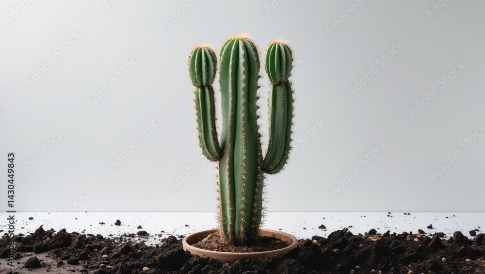 Poster close-up of a cactus with soil on a white background illustrating a failed gardening hobby