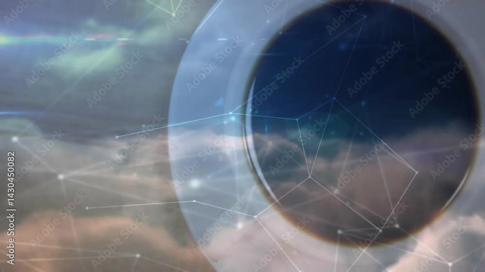 Aufkleber flat design circular lens floating over cloudy sky, network lines connecting nodes across frame