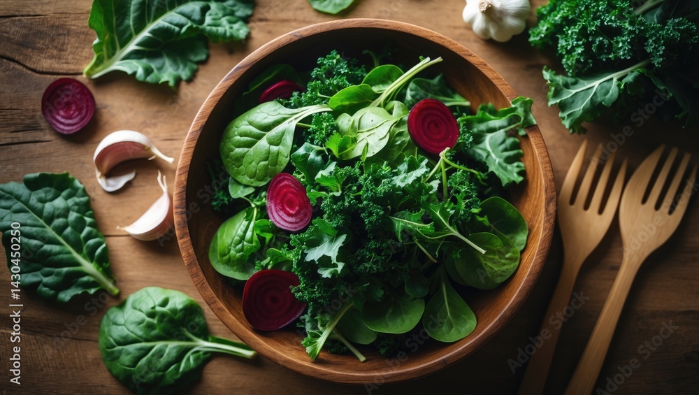 Aufkleber overhead image of raw organic leafy greens such as kale, spinach, and beetroot leaves with garlic on