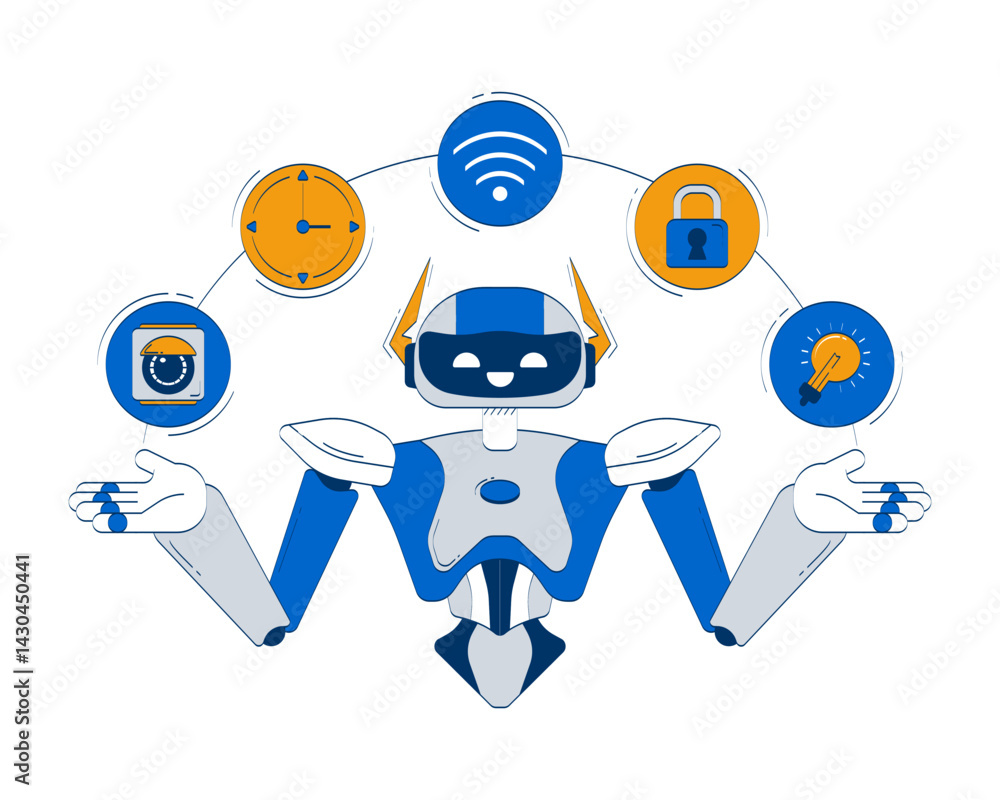 Poster ai in smart home doodle illustration concept. wifi, fixtures, security, timer orchestration. ai assi
