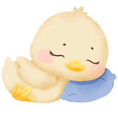 Cute sleeping baby goose with pillow hand drawn clipart with transparent background. Perfect for cards, crafts, stickers, and spring designs