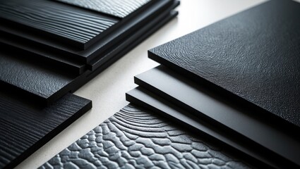 Close-up of black textured surfaces showcasing furniture samples with various finishes and patterns.