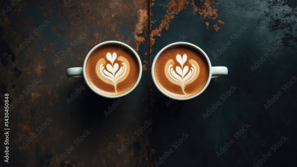 Poster Two coffee cups featuring beautiful latte art on a black rustic background