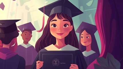 Obraz premium A vector illustration of a graduation girl holding her diploma with her friends in the background