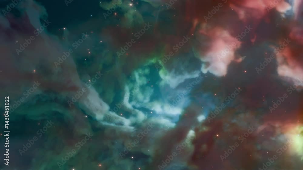 Poster 3d animation of colorful nebula moving through deep space