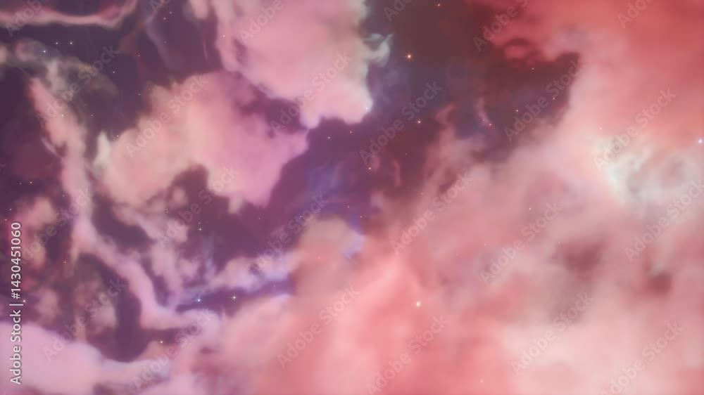 Poster 3d animation of colorful nebula moving through deep space