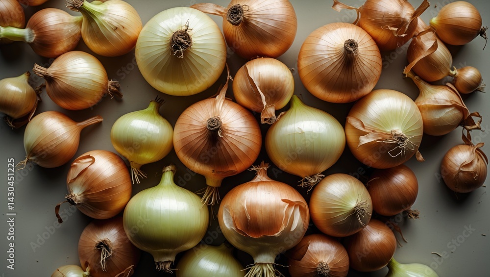 Poster close-up of a cluster of ripe yellow onions with peel on display at the market