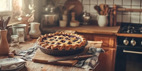Fototapeta premium A farmhouse-style kitchen setting with a blueberry pie freshly pulled from the oven, surrounded by baking tools