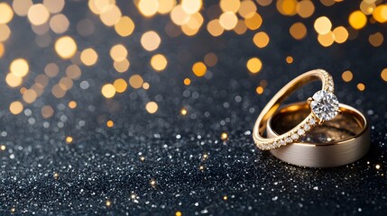 Elegant diamond engagement ring and wedding band on sparkling background
