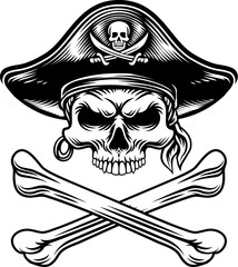 Pirate skull crossbones wearing a tricorn captain hat with crossing bones. In a vintage retro woodcut style.