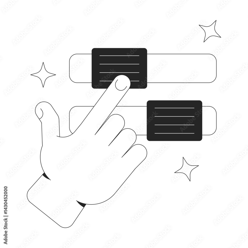 Poster hand interacting with sliders toggles line onboarding ui illustration. user customization. interface