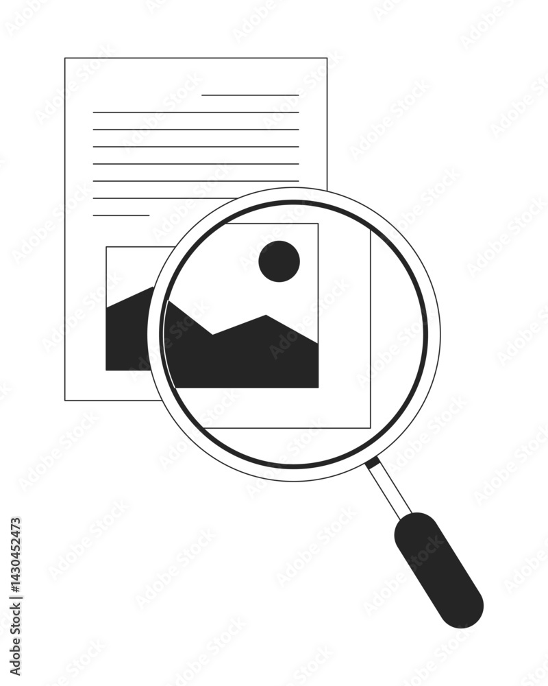 Poster taking closer look line onboarding ui illustration. content verification. file analysis. magnifying 