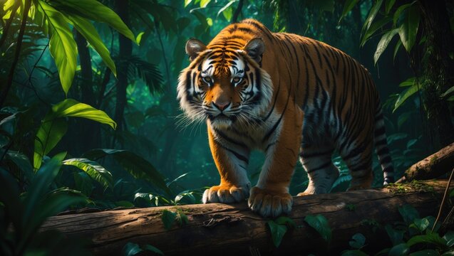 Detailed portrait of a wild tiger from Sumatra in its natural habitat