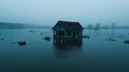 Abandoned house partially submerged in floodwaters during early morning fog