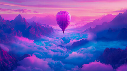 Fototapeta premium Dreamy Ascent: Pink Balloon Flight Above the Cloud-Veiled Mountains