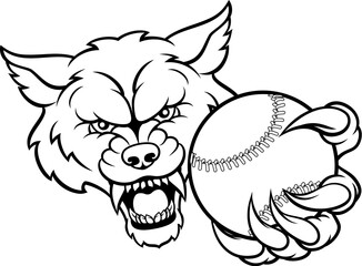 A wolf angry animal sports mascot holding a baseball or softball ball