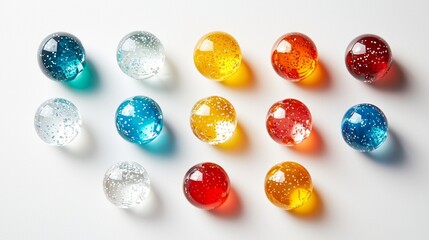 Colorful translucent spheres arranged in a creative layout on a white background
