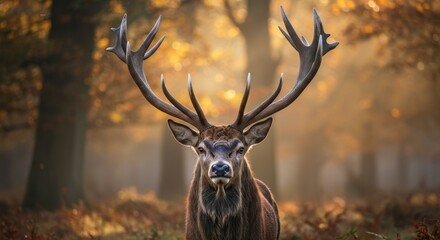 Close-up frontal view of a majestic deer with antlers in an autumn forest bathed in warm golden light.