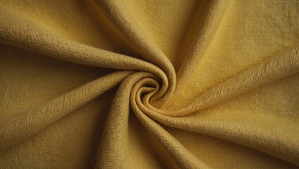 Close-up of yellow mustard fabric with textured surface and golden hue on a brown background