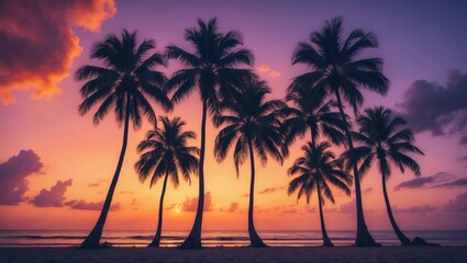 Obraz premium Vibrant sunset over California beach with palm trees and tropical landscape