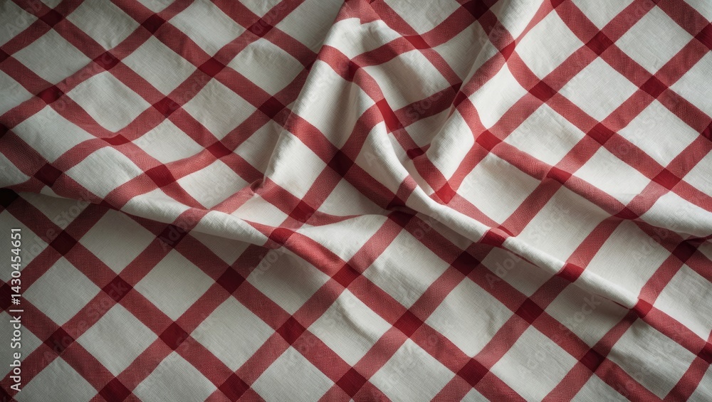 Poster Red and White Checkered Linen Fabric Texture in Large Cell Pattern