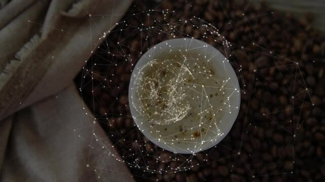 Coffee cup network overlay scene being animated in overhead layout, with beans, tray, beige cloth